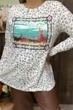 XCH14365 Cowboy graphic printed leopard background fabric long sleeve women tops