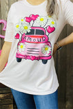 DLH13526 "A mouR"&fuchsia car/heart/sunflower multi color printed short sleeve women L.pink tops