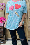 XCH14650 Mint leopard & red hearts printed short sleeve women top