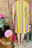 BQ10655 Yellow/pink Aztec multi color printed sleeveless dress w/pockets