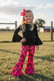 Western black top bull & aztec printed bell bottom girls boutique set DLH2557 (6S6)