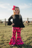 Western black top bull & aztec printed bell bottom girls boutique set DLH2557 (6S6)
