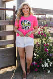 DLH11012-1 Neon pink RODEO printed short sleeve women top (GS10)