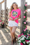 DLH11012-1 Neon pink RODEO printed short sleeve women top (GS10)
