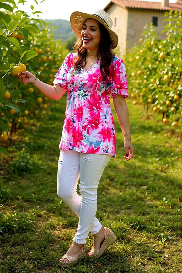 Buy Fuchsia floral prints & short sleeve women blouse w/double ruffle GJQ15934