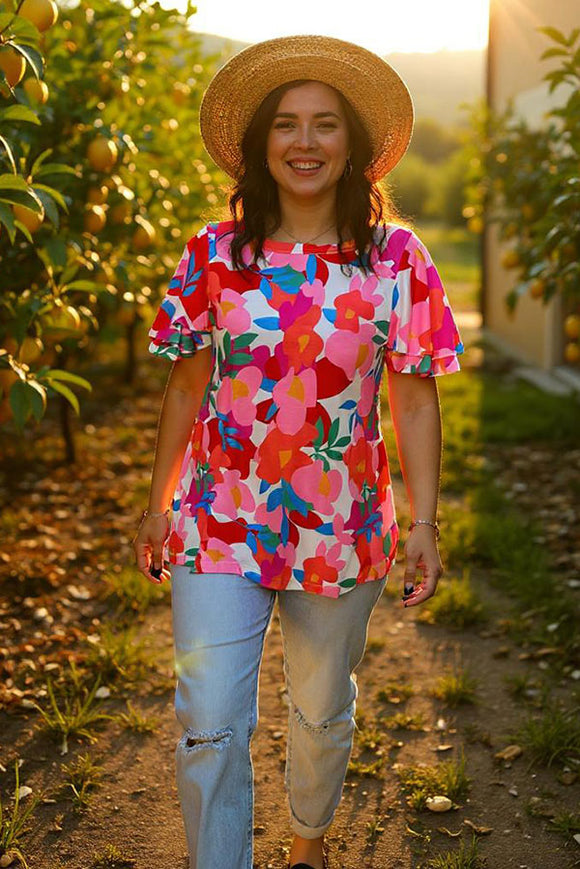 Women blouse Multi color floral printed bell short sleeve top XCH16212
