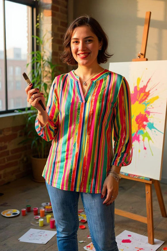 Buy Multi color serape printed long sleeve women's blouse w/v-neckline BQ16177