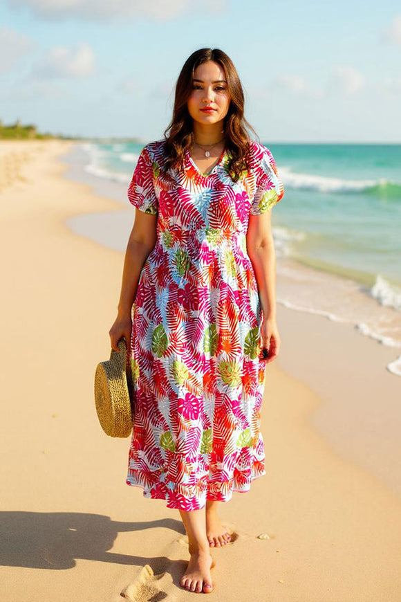 Shop online Women's maxi dress Multi color patterns prints & puff short sleeves GJQ16041