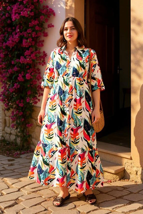 Wholesale Multi color leaves printed puff sleeves women's maxi dress XCH16247