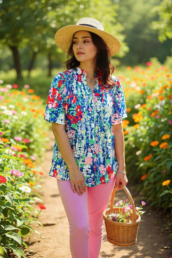 Shop blouse wholesale Floral printed elastic front & puff short sleeves women top BQ16223