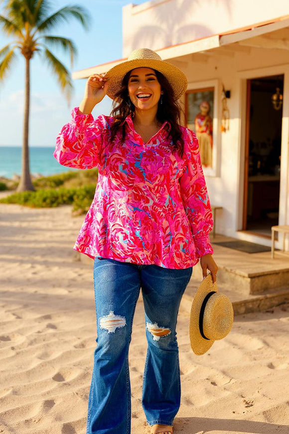 Women's top wholesaler pink floral & long sleeves & v-neckline GJQ16006