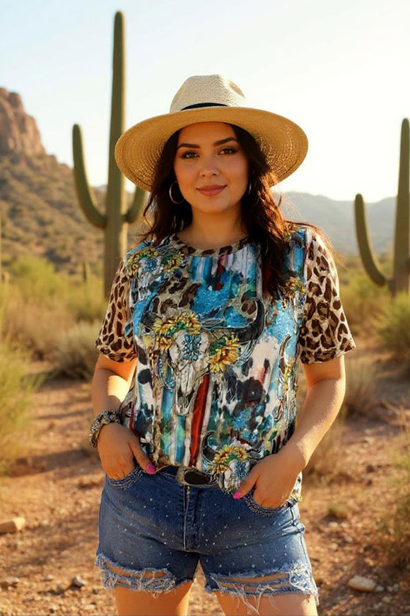 Plus size Bull skull & sunflower printed leopard short sleeve women tops XCH12468 IS21
