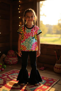 Colorful leopard prints top black bell bottom girls clothing sets XCH04003 (A10S5)