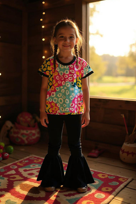 Colorful leopard prints top black bell bottom girls clothing sets XCH04003