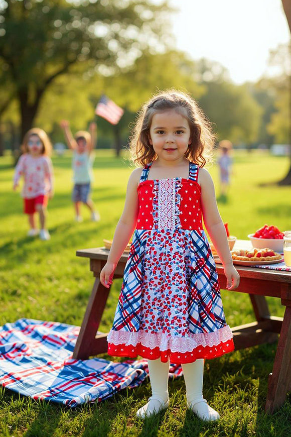 Girls dress wholesale Multi print red & sleeveless straps & lace trim DLH2367