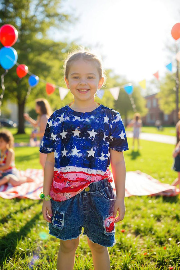 4th of July USA flag short sleeve top & patch denim shorts girls sets DLH2775