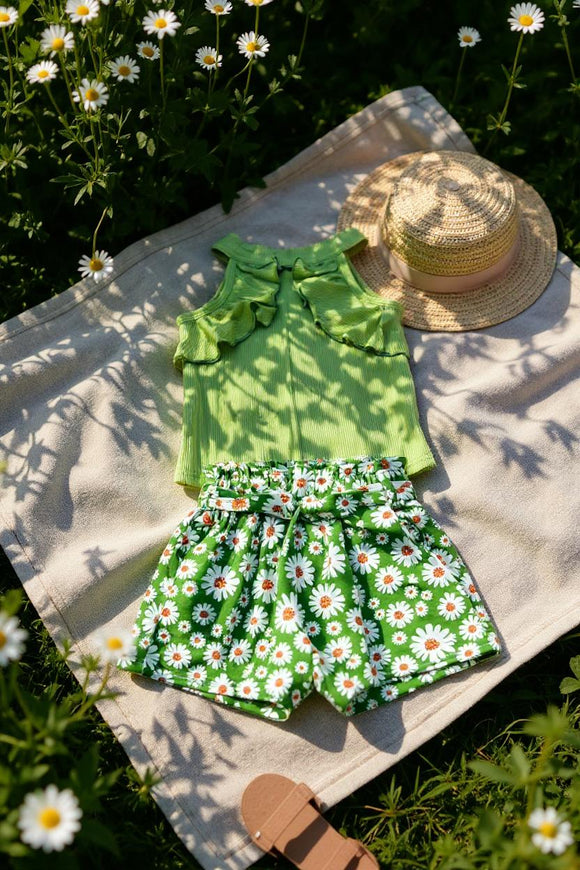 Green ribbed knitted fabric halter top & floral printed shorts 3pcs girls sets DLH2880