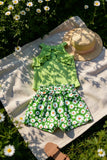 Green ribbed knitted fabric halter top & floral printed shorts 3pcs girls sets DLH2880 (A4S2)