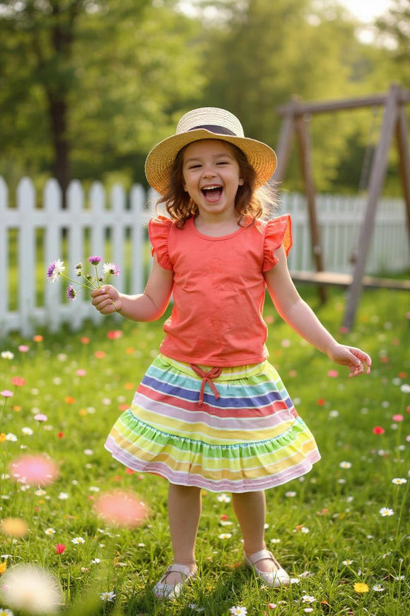 Buy Coral flutter short sleeves top & striped shorts 2pc girls sets DLH2879