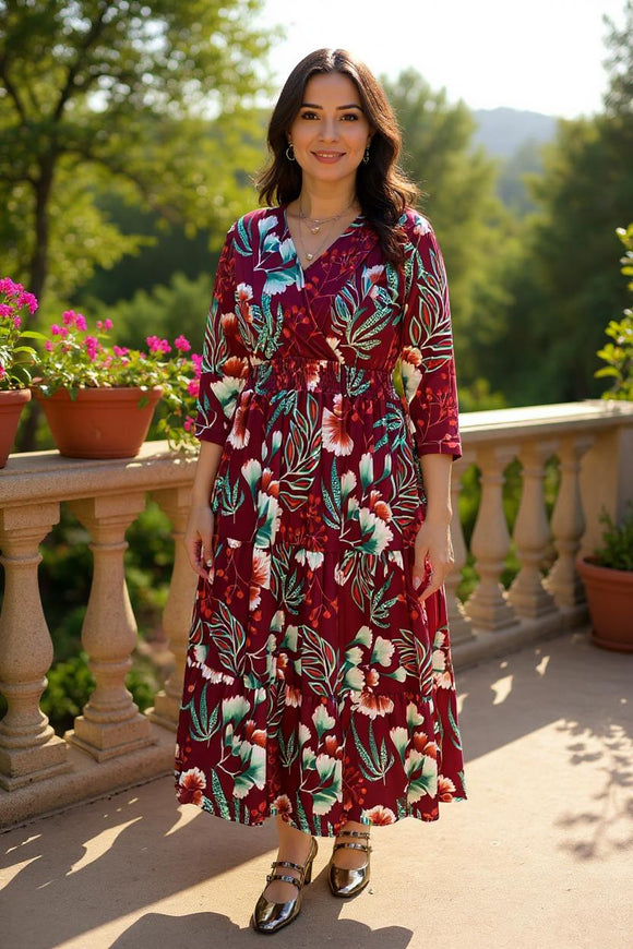 Burgundy floral printed 3/4 sleeves women maxi dress & pleats front v-neckline BQ16304