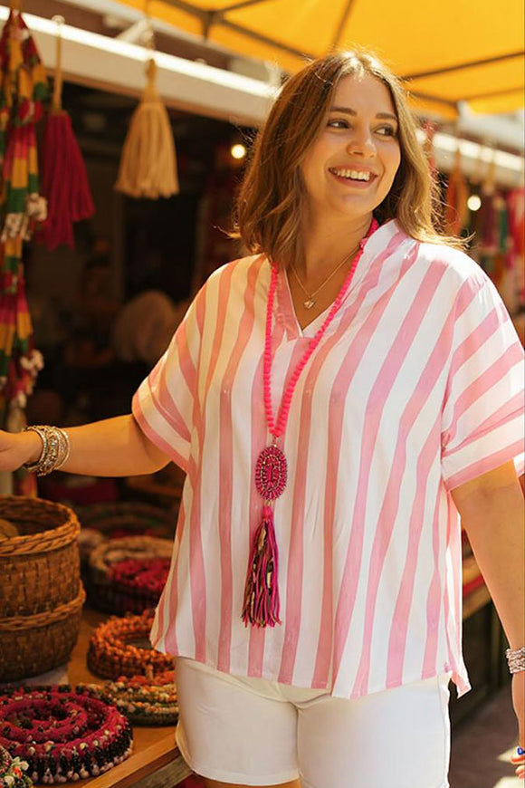 Plus size women clothing wholesale Pink striped v-neckline with short sleeve BQ15941