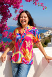 Western orange & yellow & blue patterns printed women's blouse GJQ16292