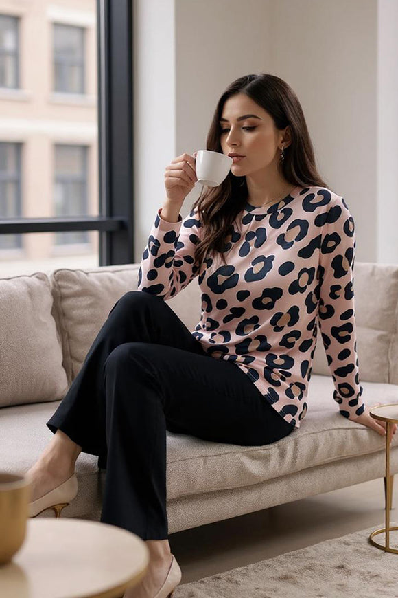 Long sleeve leopard top & black bell bottom 2pc women sets BQ15944
