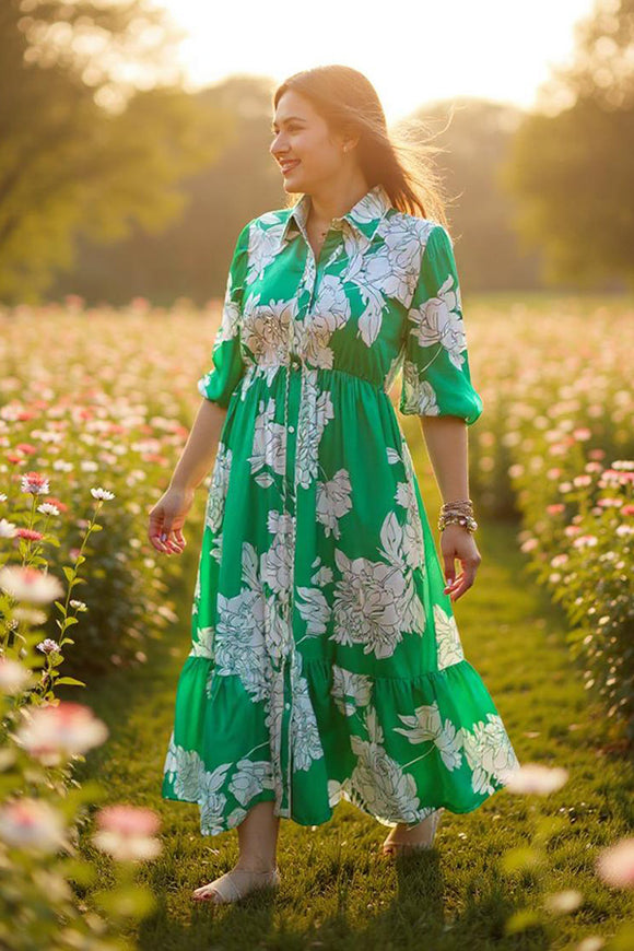White flower green women's maix dress with puff sleeves & buttons up GJQ16132