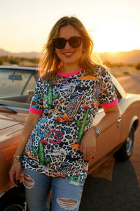 Cowboy boots & cactus jewels multi color printed short sleeve women tops BQ12462 (GS3)