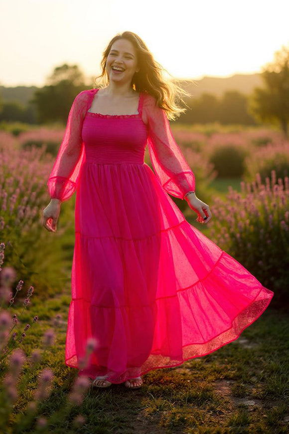 Fuchsia mesh sheer long sleeve women maxi dress w/lining XCH15851