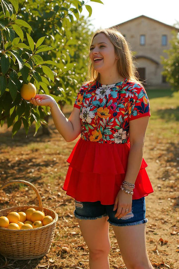 Red floral multi-color printed double ruffle bottom short sleeve women top XCH14846