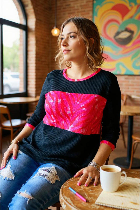 Fuchsia printed black block 3/4 sleeves women blouse XCH15187 (CS1)