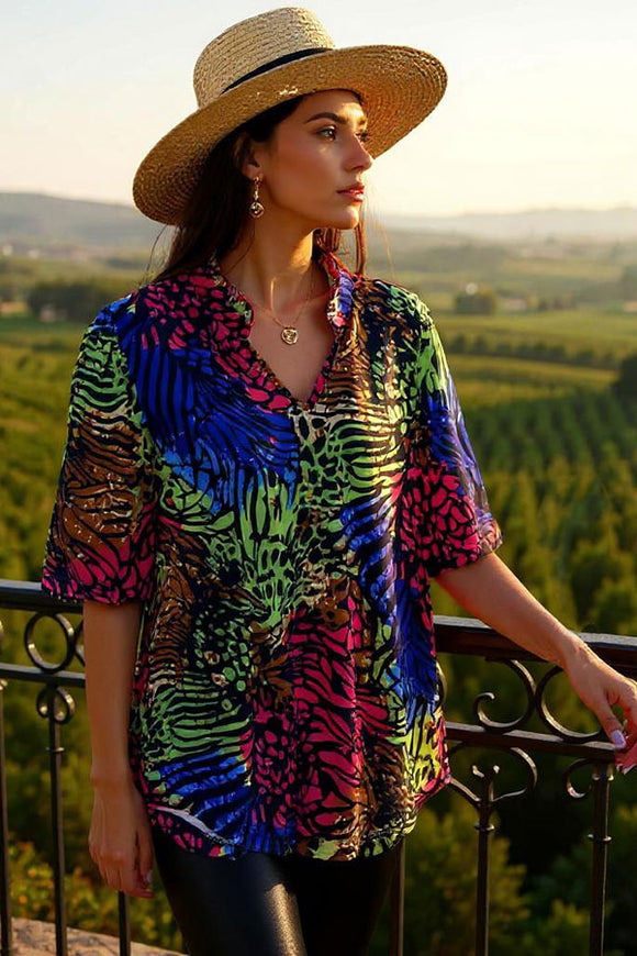 Western animal printed color block short sleeve women blouse GJQ16297