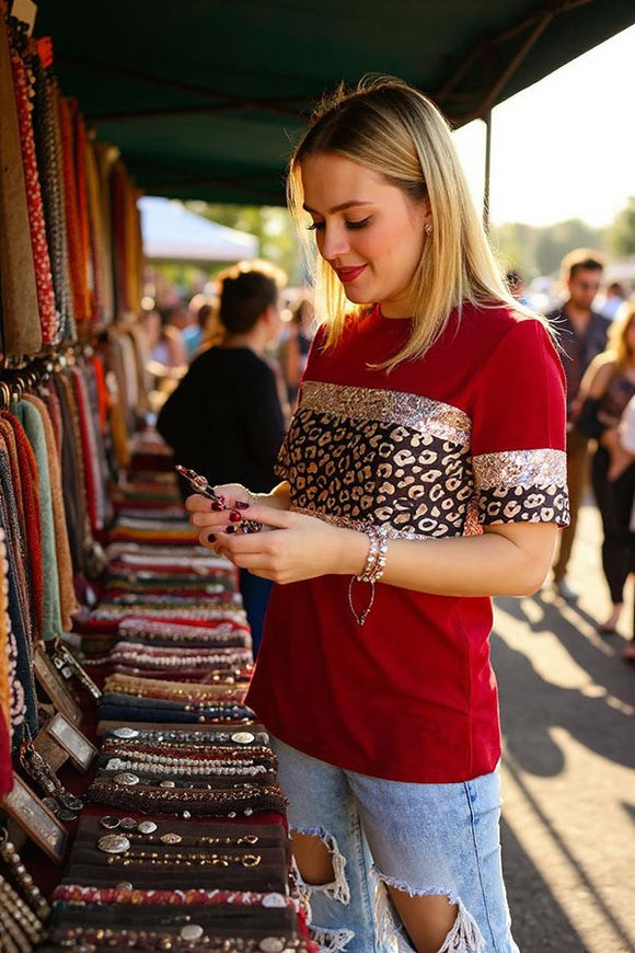 Red & leopard & sequin color block short sleeve women t-shirt GJQ16250