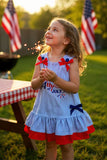 Girls dress wholesale HAPPY 4th july & AMERICAN flag embroidery & blue stripes DLH2874