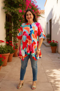 Shop Abstract Print high low style women's blouse w/short sleeves GJQ16290