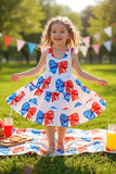 Girls dress wholesale 4th July red white blue bow prints sleeveless kids swirl dress DLH2875