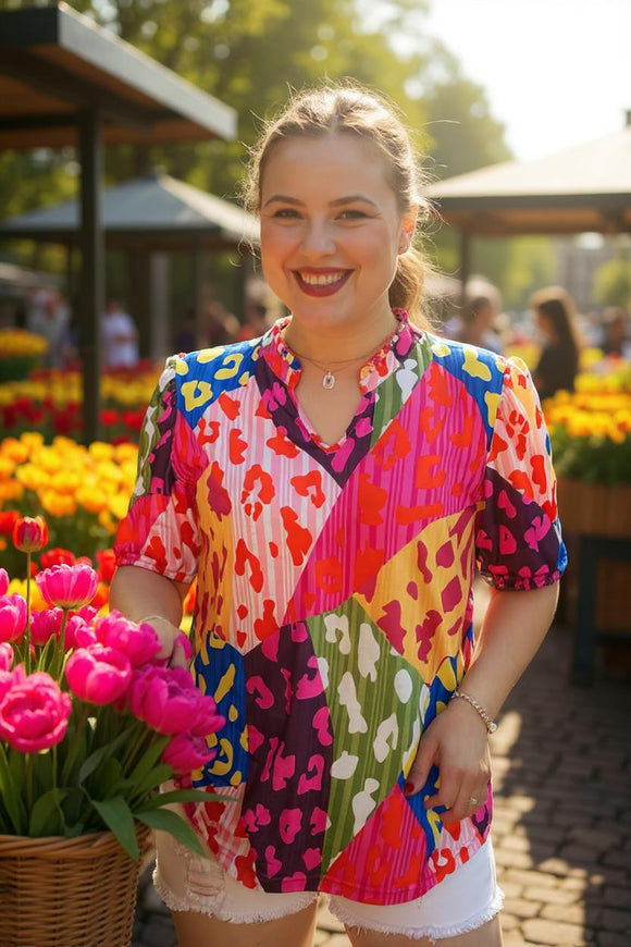 Multi color leopard prints & short sleeve women blouse V-neckline GJQ16134