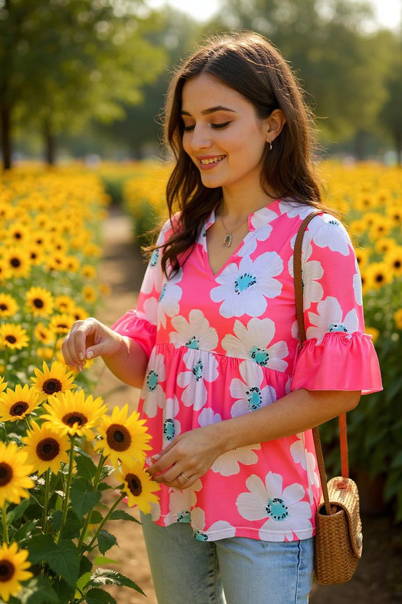 Baby doll women blouse vendors Pink floral printed ruffle loose top GJQ16137