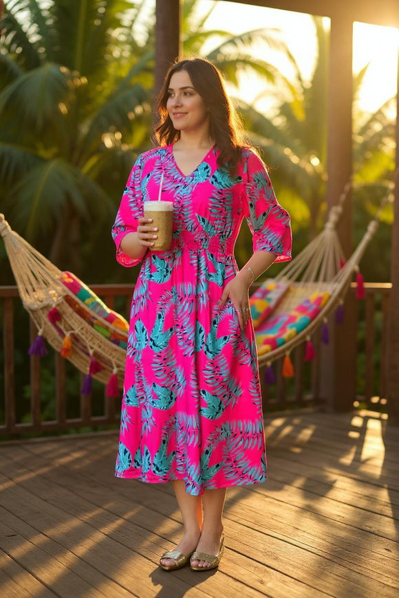 Shop Women dress w/Fuchsia midi dress & 3/4 sleeve and pockets GJQ15990