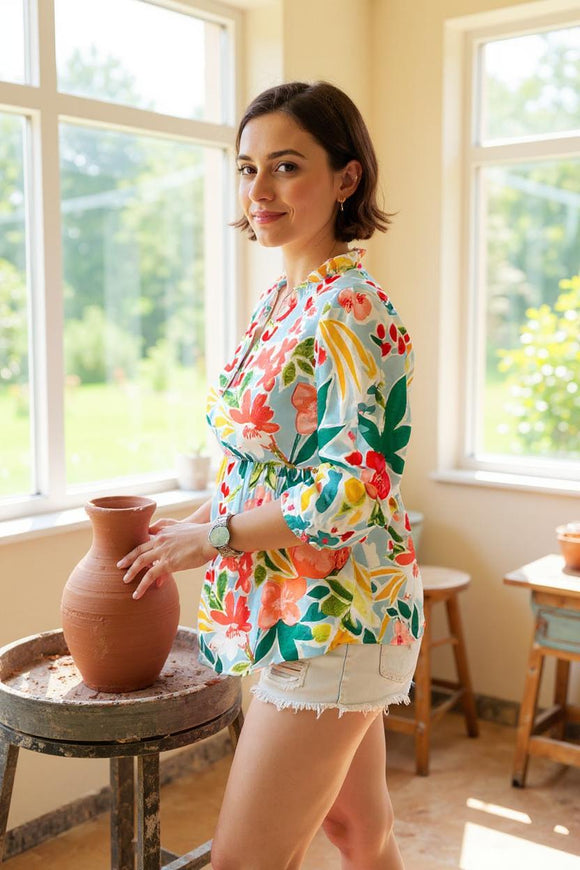 Buy women's blouse w/floral printed & 3/4 sleeves v-neckline GJQ16231