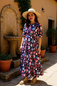 Buy Multi color floral printed women's maix dress w/half sleeve elastic waist GJQ16148