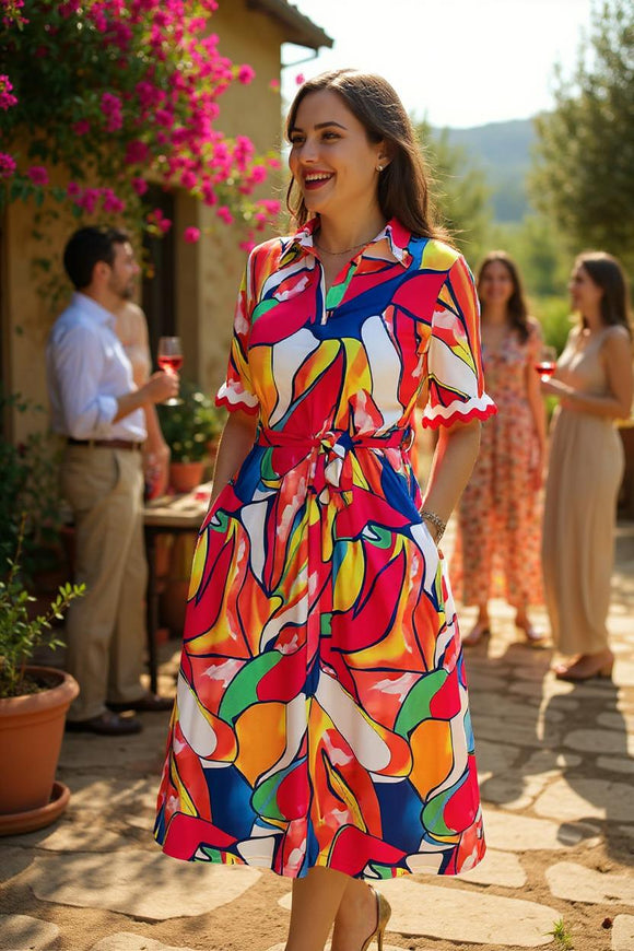 Maxi dress wholesale Multi color patterns prints with red/white trim short sleeve GJQ16190
