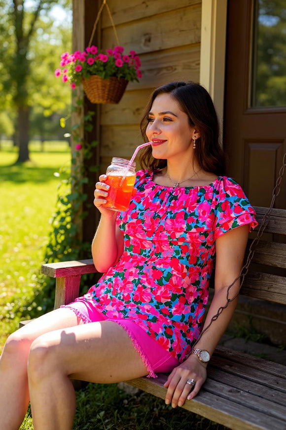 Women's blouse wholesale Floral printed & off shoulder & double ruffles GJQ16271