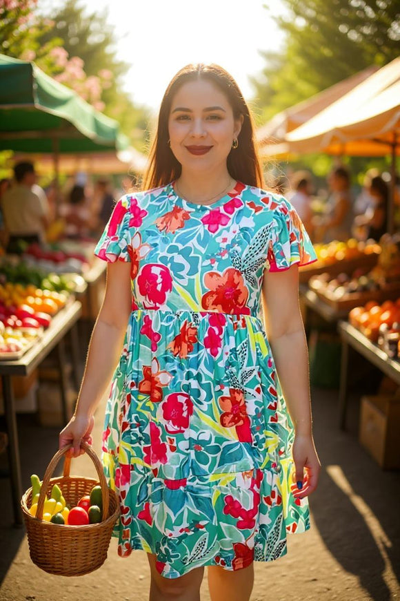 Shop women's dress Floral printed turquoise flutter short sleeve dress wholesale GJQ16165