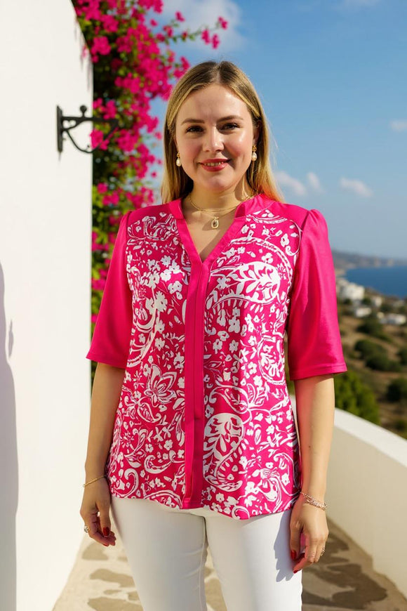Shop women's boutique clothing Fuchsia paisley prints & half sleeves top BQ16060
