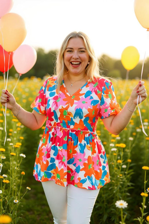 Plus size women's blouse suppliers Floral prints & puff short sleeves top BQ16096