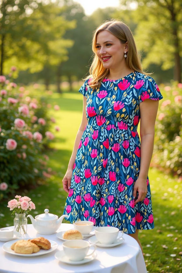 Summer mom and me dress Floral & blue printed & short sleeve dress XCH16126