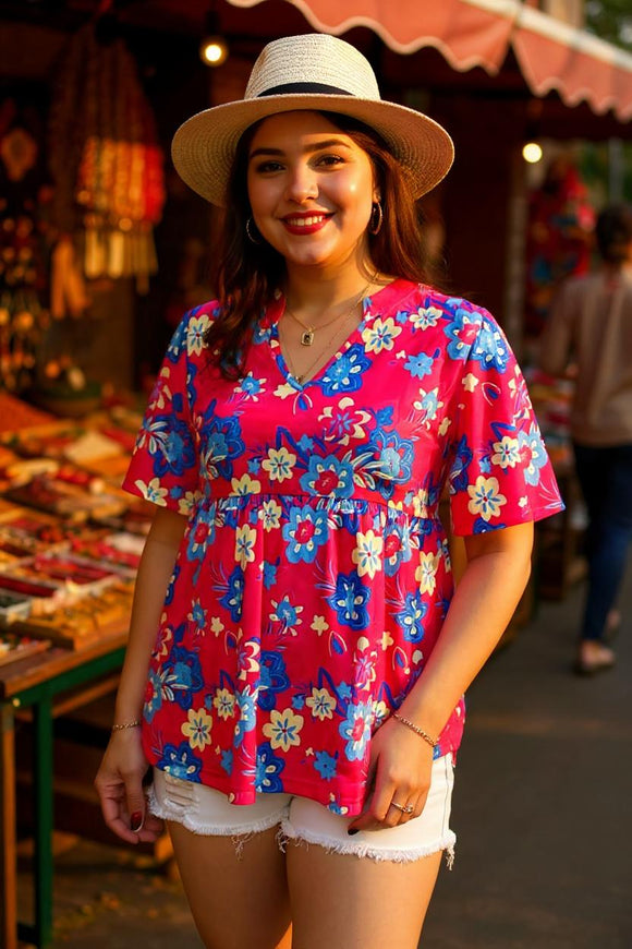 Shop women clothing online Floral printed baby doll & bell short sleeves GJQ16071