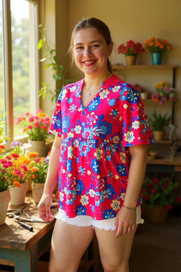 Shop women clothing online Floral printed baby doll & bell short sleeves GJQ16071
